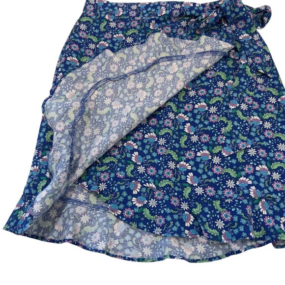 LOFT Floral Wrap Skirt With Ruffle Hem Blue/Green Womens Petite 2P Linen Blend - Picture 2 of 9
